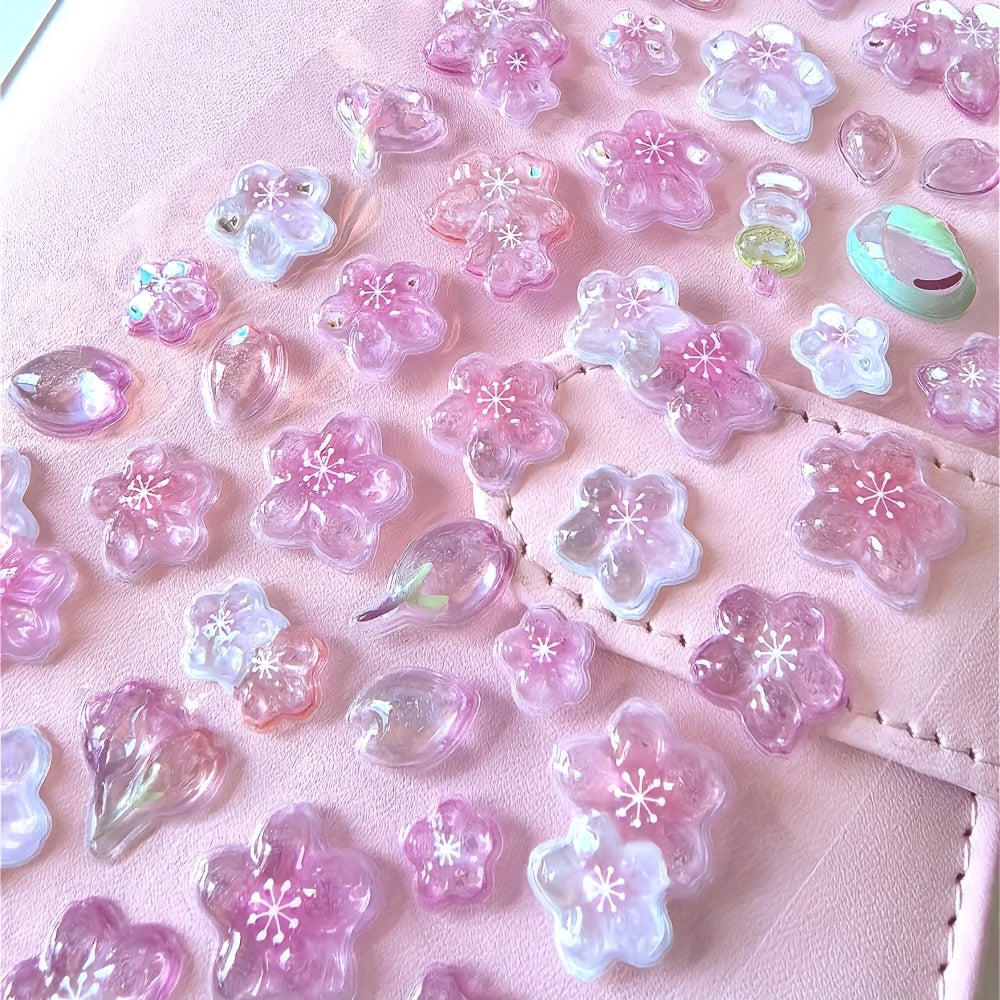 3D Pink Cherry Blossom Embossed Stickers - Waterproof Crystal Floral Decals for Phone Cases, Laptops, Journals, and DIY Crafts, Journal Embellishments | Artistic Stickers | Plastic Construction, Cherry Blossom Wall Stickers