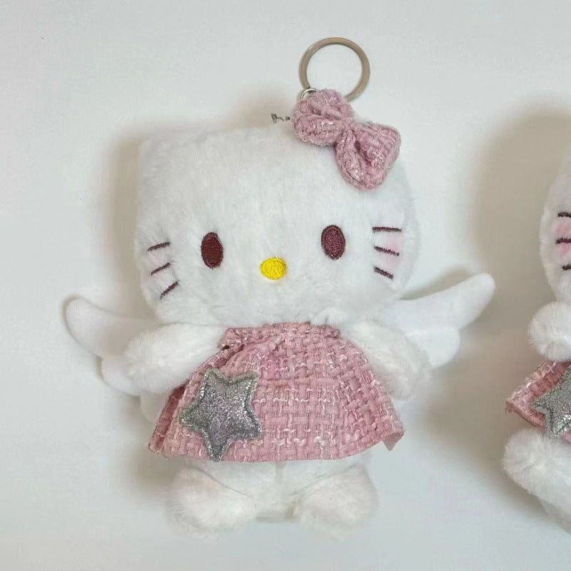 Hello Kitty Plush Keychain with Angel Wings & Pink Star Dress - Soft Fabric Cute Kawaii Keyring for Backpack Purse Gift for Girlfriend Women Cat Lovers, Hello Kitty Accessories
