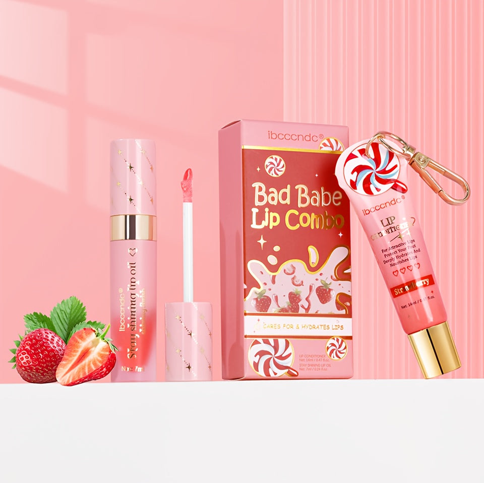 Bad Girl Lip Combo, Includes 2 Lip Oils, Strawberry Flavour, Tinted Lip Oil, Moisturizing And Nourishing, Winter Lip Care,