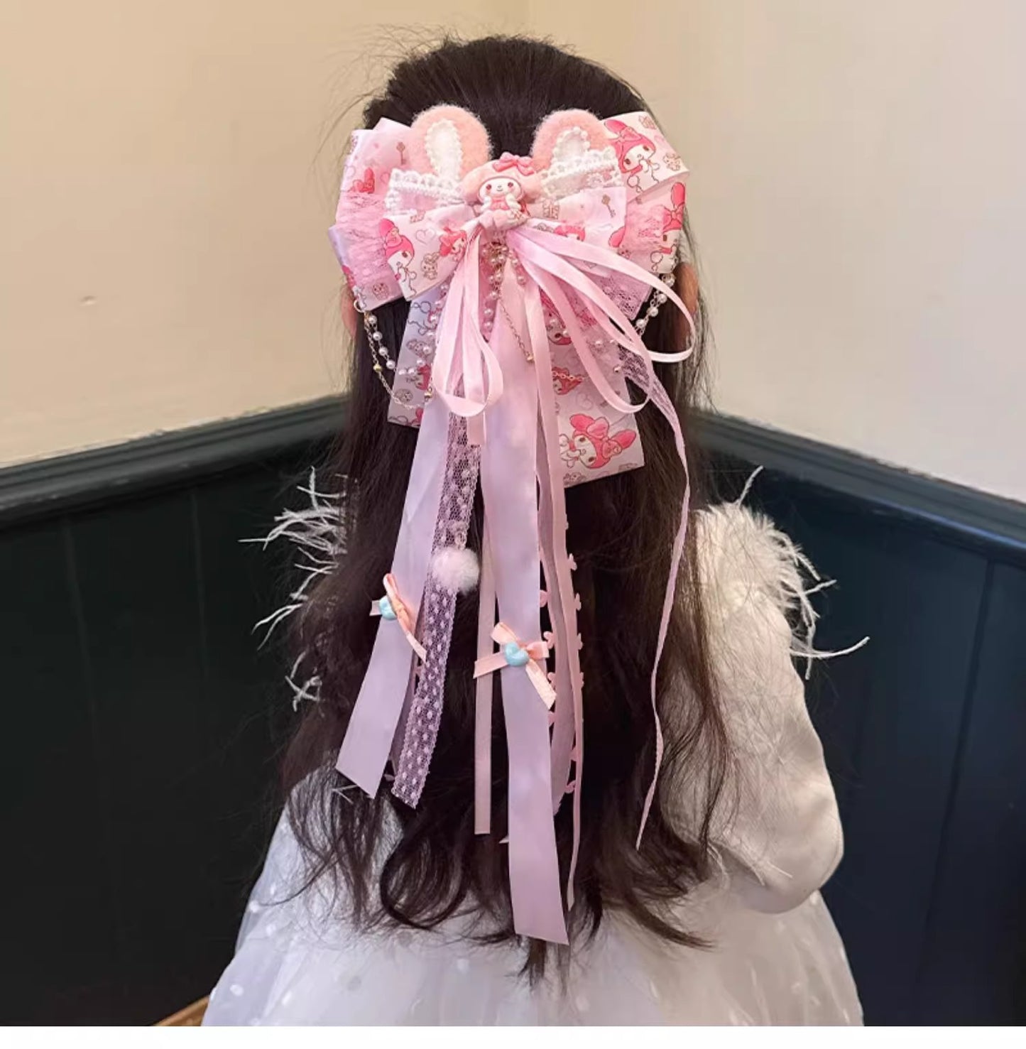 Sanrio Pink Bow Hair Clip with Long Ribbons, My Melody Princess Hair Accessory