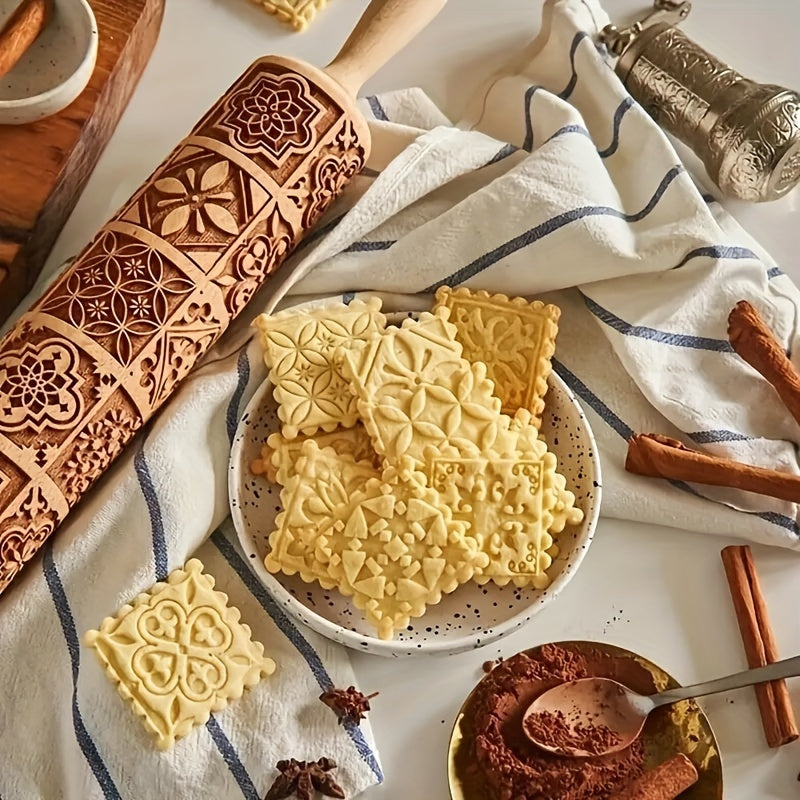 1pc Wooden Embossing Rolling Pin, 13.77"x1.77", Christmas & Halloween Printed, for Pizza, Pies, Dumplings, Noodles, Kitchen Gadgets, Restaurant Home Cooking Supplies