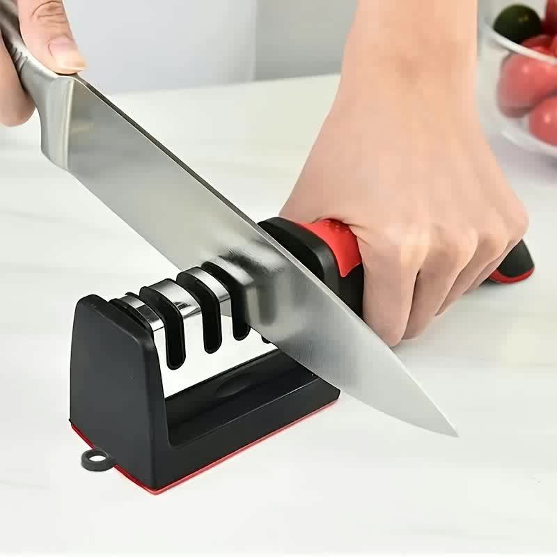 4-Stage Professional Knife Sharpener with Tungsten Steel, Diamond, and Ceramic Sharpening Stones - Ideal for Kitchen Knives, Red & Black Base, Efficient Blade Restoration