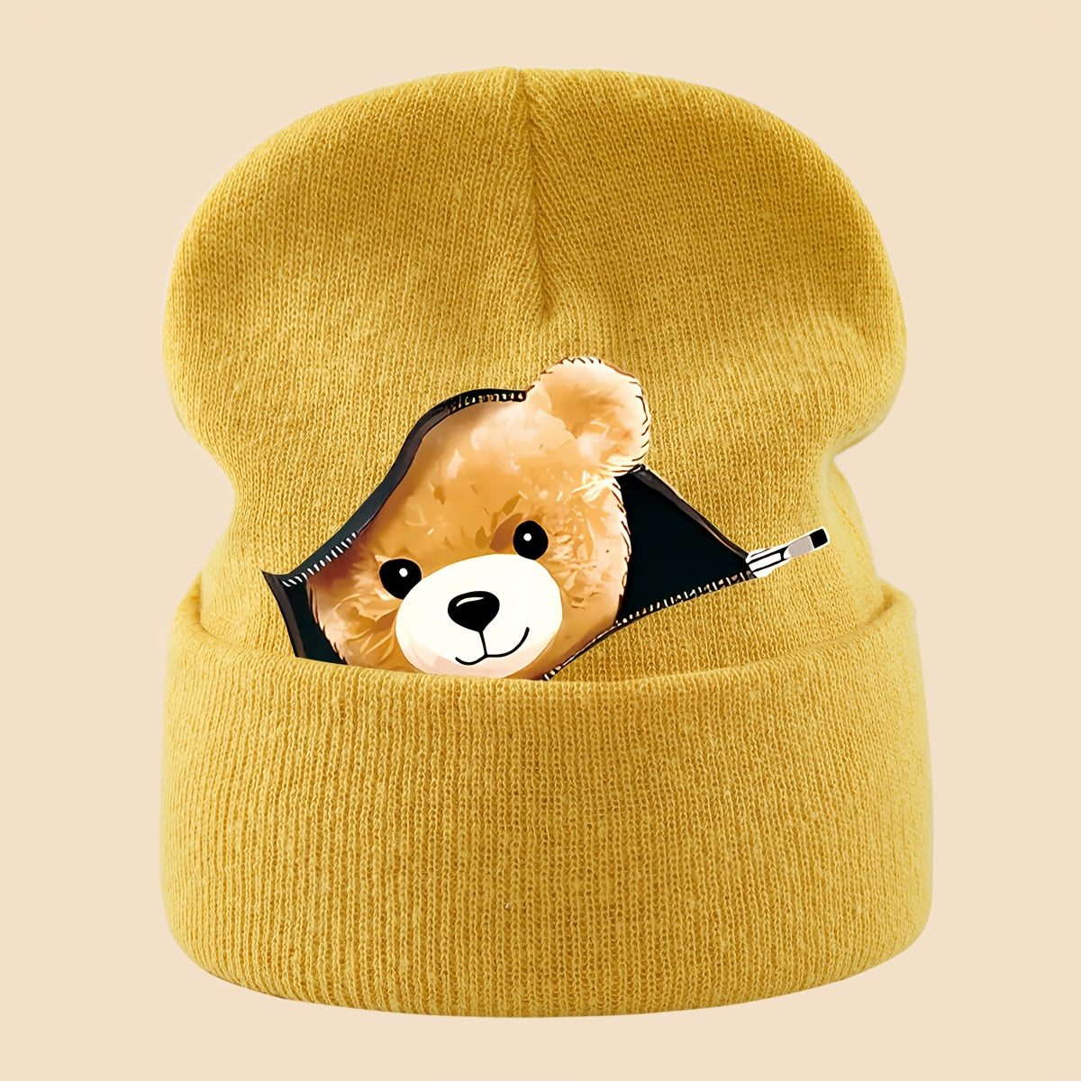 1pc Warm Skull with Zipper Bear Print, Unisex Loose-Fit Beanie for Men and Women - Cozy Fall/Winter Cold Weather Protection, Versatile Casual Hat for Commuting, Travel & Holiday Gifts, Fashionable Headwear, Perfect For Outdoo