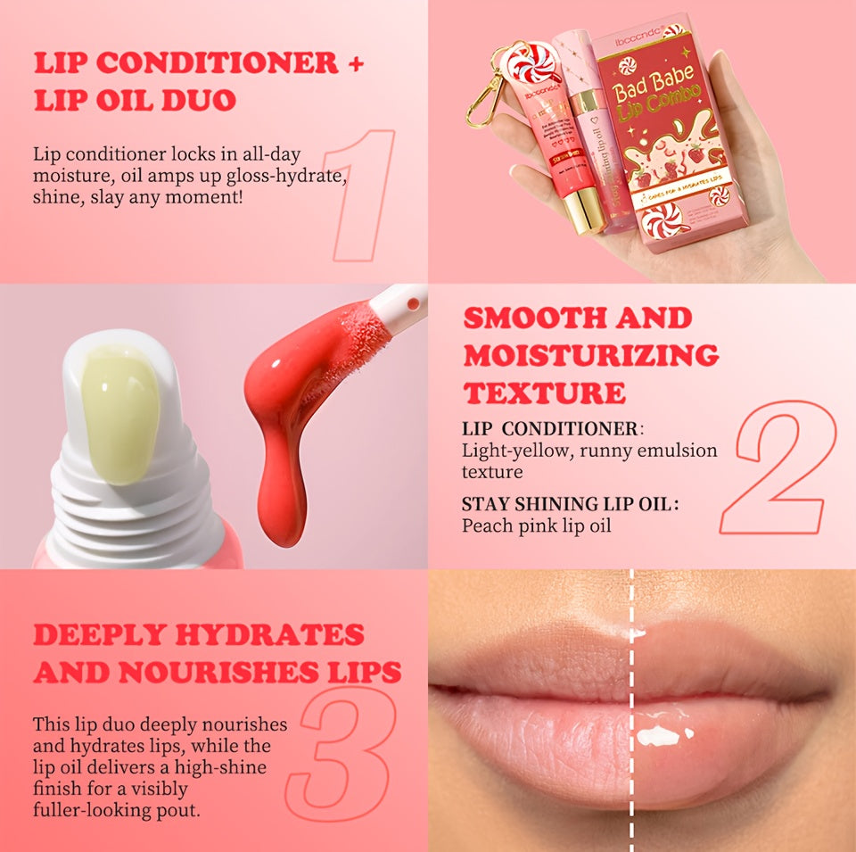 Bad Girl Lip Combo, Includes 2 Lip Oils, Strawberry Flavour, Tinted Lip Oil, Moisturizing And Nourishing, Winter Lip Care,