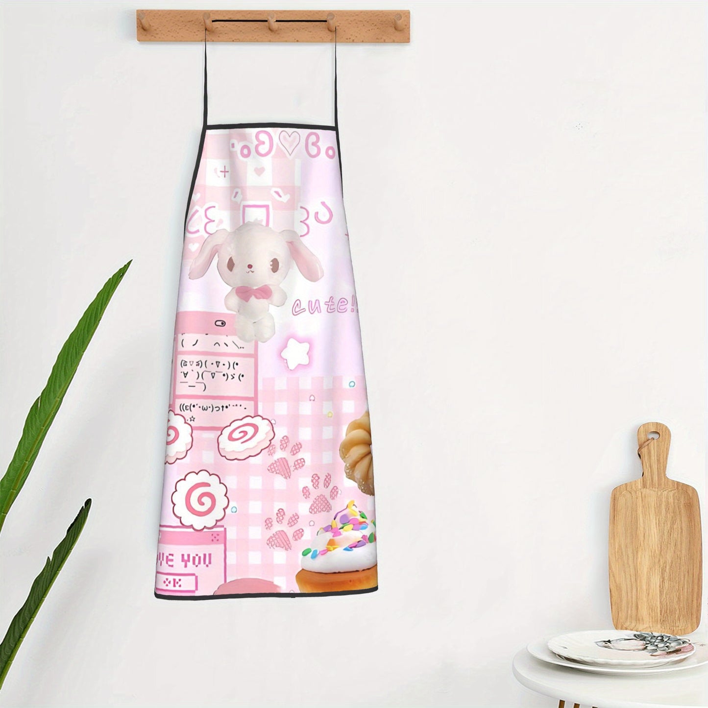 1pc Sanrio Cutecore Pink Apron with Bunny & Hearts Design - Durable Polyester Unisex Kitchen Bib for Cooking, Baking, Painting - Fun Aesthetic Chef Accessory for Adults, Cooking Wear