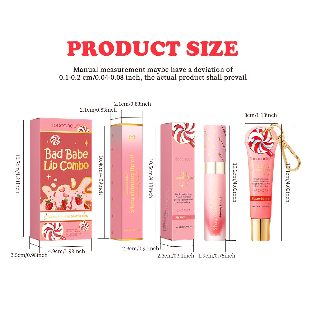 Bad Girl Lip Combo, Includes 2 Lip Oils, Strawberry Flavour, Tinted Lip Oil, Moisturizing And Nourishing, Winter Lip Care,