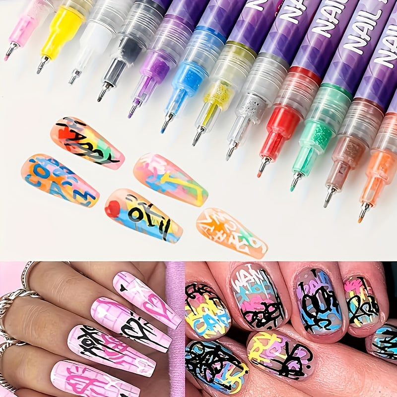 12 Colors 0.5mm 3D Nail Polish Pen + 24 Reusable Stencil Stickers Set Nail Art Pen Set.
