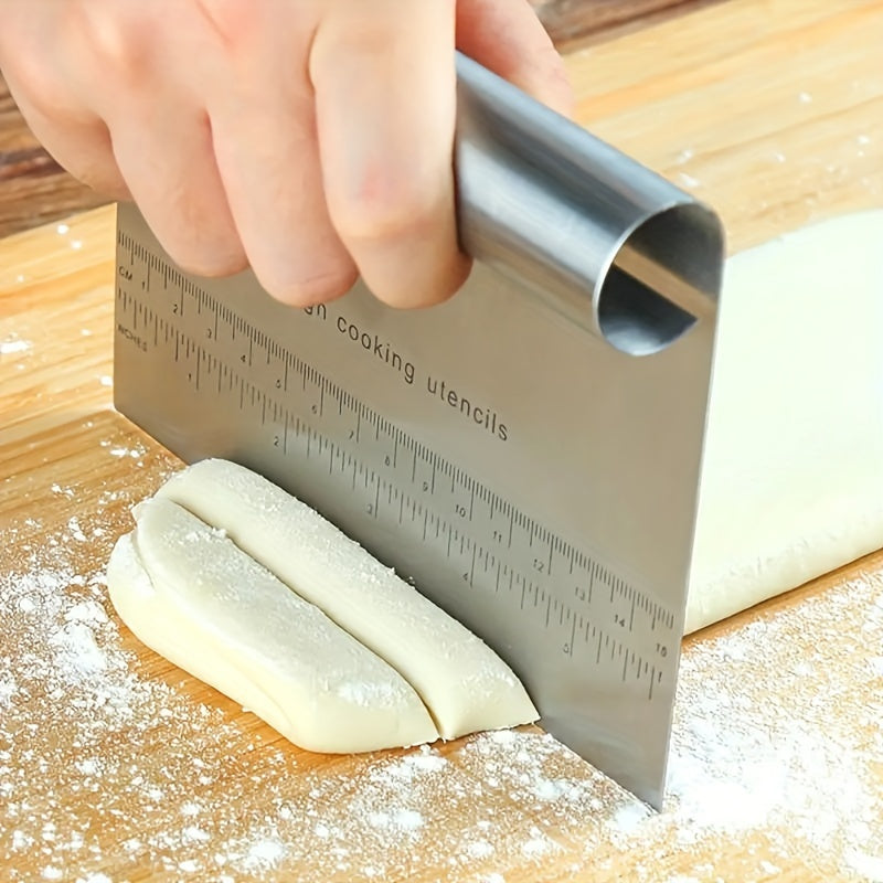 1pc Stainless Steel Multi-Functional Baking Tool - Dough Cutter, Cake Scraper, Pizza Cutter, Spatula, Pancake Flipper with Measurements - Durable, Easy to Clean, and Versatile for Various Baking Tasks