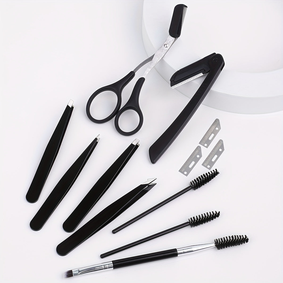8/9/12pcs Stainless Steel Eyebrow Grooming Kit, Portable Black Set for Women and Men, Includes Eyebrow Brush, Razors, Comb, Scissors, Folding Razor, Trimmer, Tweezers with Comb, Lash Separator, No Electricity Needed