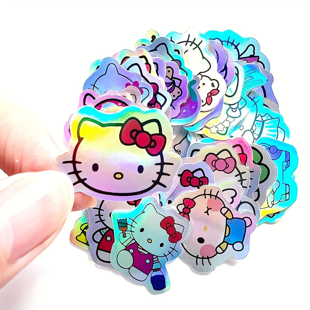 50pcs Sanrio Hellokitty Glitter Stickers | Laser Cartoon Stickers Cute cartoon cute image waterproof DIY decorative stickers for Party Supplies, Party Favors, Birthdays Gift for Christmas Halloween Gift,