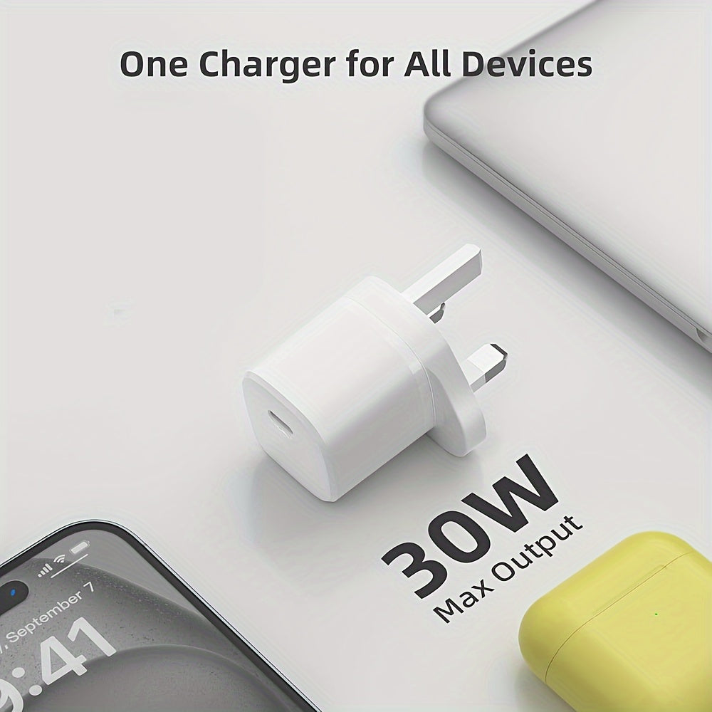 30W Fast and Portable PD USB-C Charger: Compatible with Macbook Air 13/12, Ipad Pro 13/12.9, Ipad Air 5/4, Mini 6, Ipad 10, Iphone 15, Pixel 8/7-2pcs/1pc - White