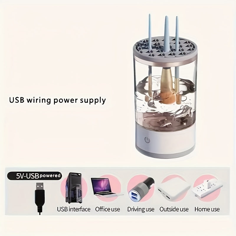 1pc USB-Powered Electric Makeup Brush Cleaner & Organizer - Automatic Washing and Drying System, Plug-In, for Efficient Brush Maintenance, Sleek White Design with Transparent Lid, Makeup Brush Holder