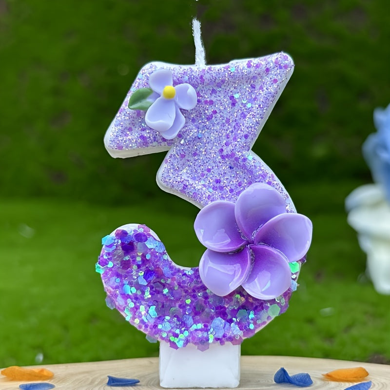 1pc Number Birthday Candle, Purple Glitter with Plumeria & Gardenia Accents, Paraffin Wax No-Feather Cake Topper for Party Decoration