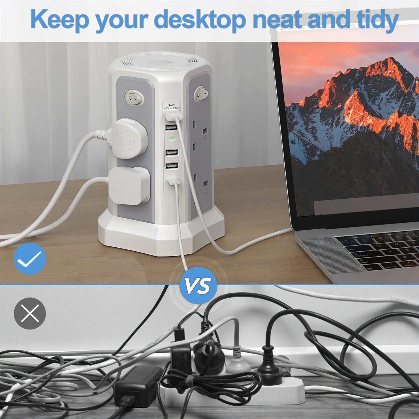 2-Story Tower Power Supply with 8 AC Sockets, 4 USB Ports, 1 USB-C PD20W Fast Charging, Individual Switch, Adjustable Night Light, Surge Protection, And for Home, Office, Studio, And Workshop Use