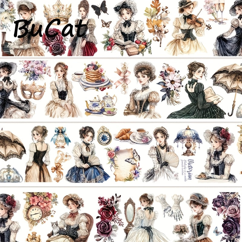 2m Princess Leisure Time PET Washi Tape - Transparent Roll Stickers with Elegant Women in Victorian Dresses, Butterflies, Flowers, and Clocks - Ideal for Scrapbooking, Journaling, and Aesthetic Stationery Decor, Journaling Su