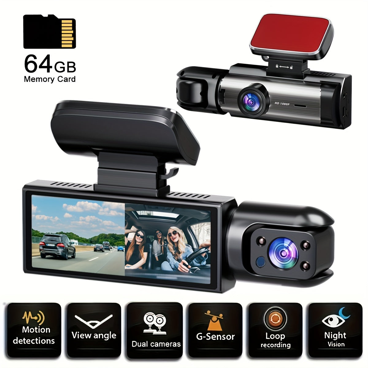 Dual Dash Cam A9, 3.16" Screen, 64G Included