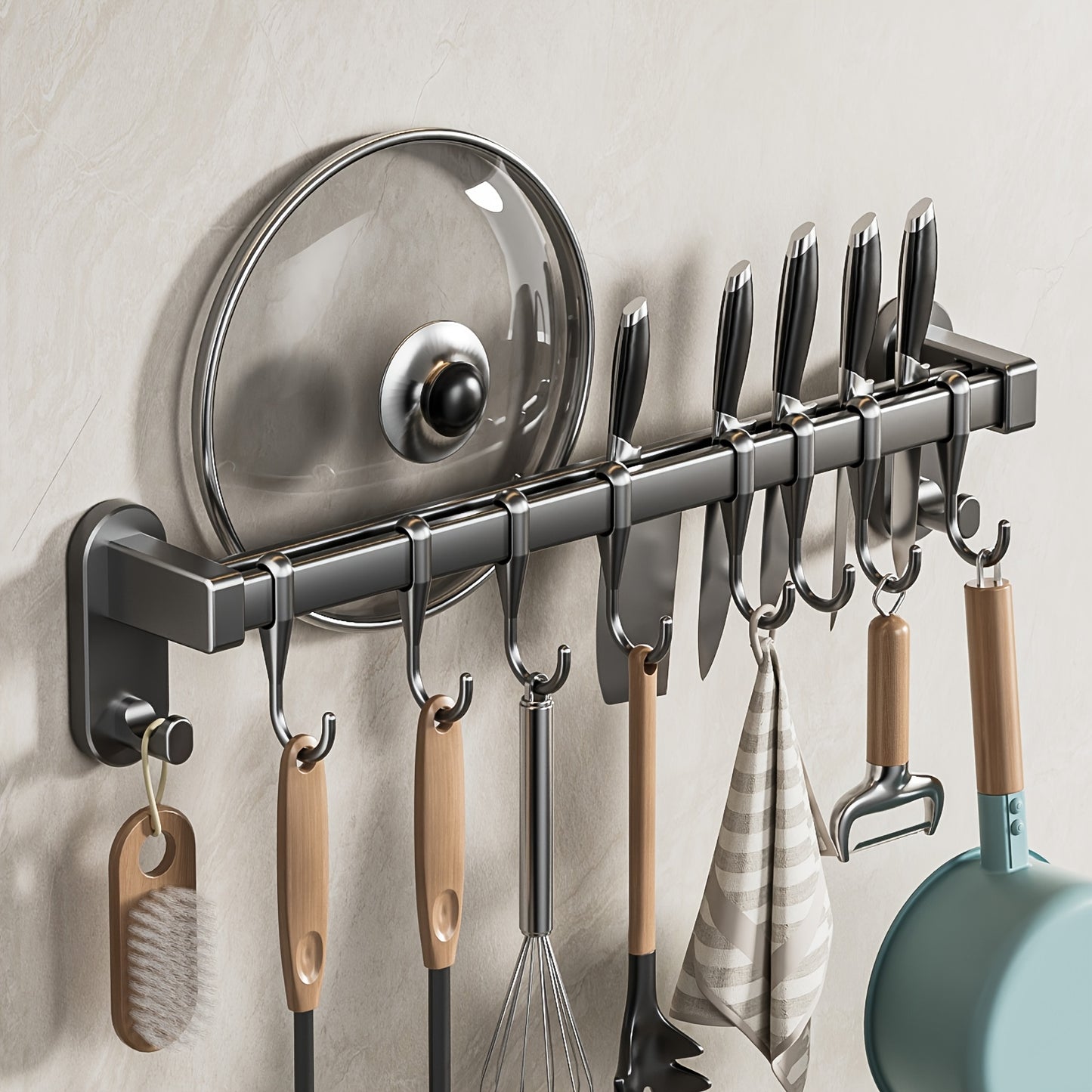 Plastic Kitchen Utensil Storage Rack with 6/8/10 Active Hooks - Wall-mounted Storage Rack for Tableware, Knives, and Pot Lids, with Drainage Hooks, Easy to Install, Suitable for Hanging Storage of Cooking Tools and Towel Rack
