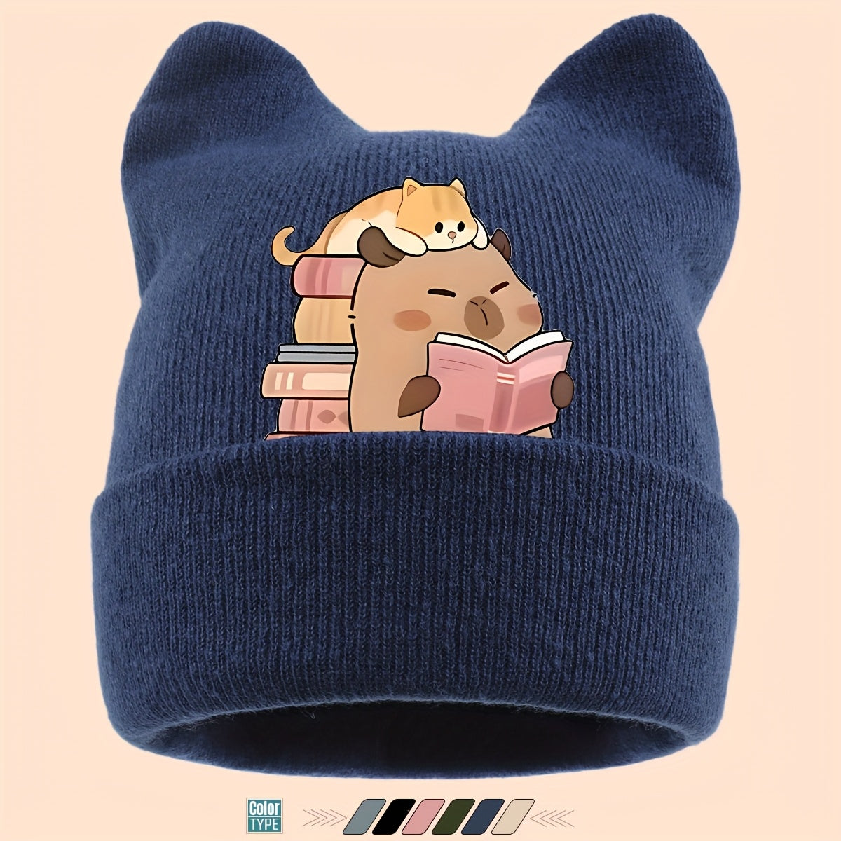 1pc Warm Soft Ear Beanie Hat with Cute Capybara Print