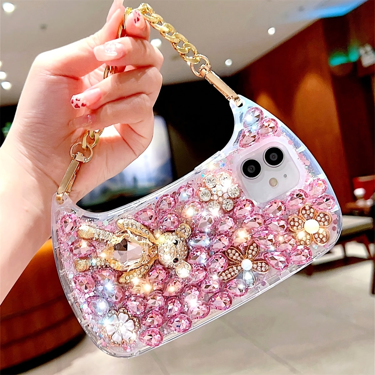 For iPhone 16promax Shiny Luxury Bag Luxury Wrist Chain Bag with Shiny Transparent Protective Case for iPhone 16promax 11 12 13 14 Pro Max X XS XR 7 8 Plus SE 16 Protective Cover