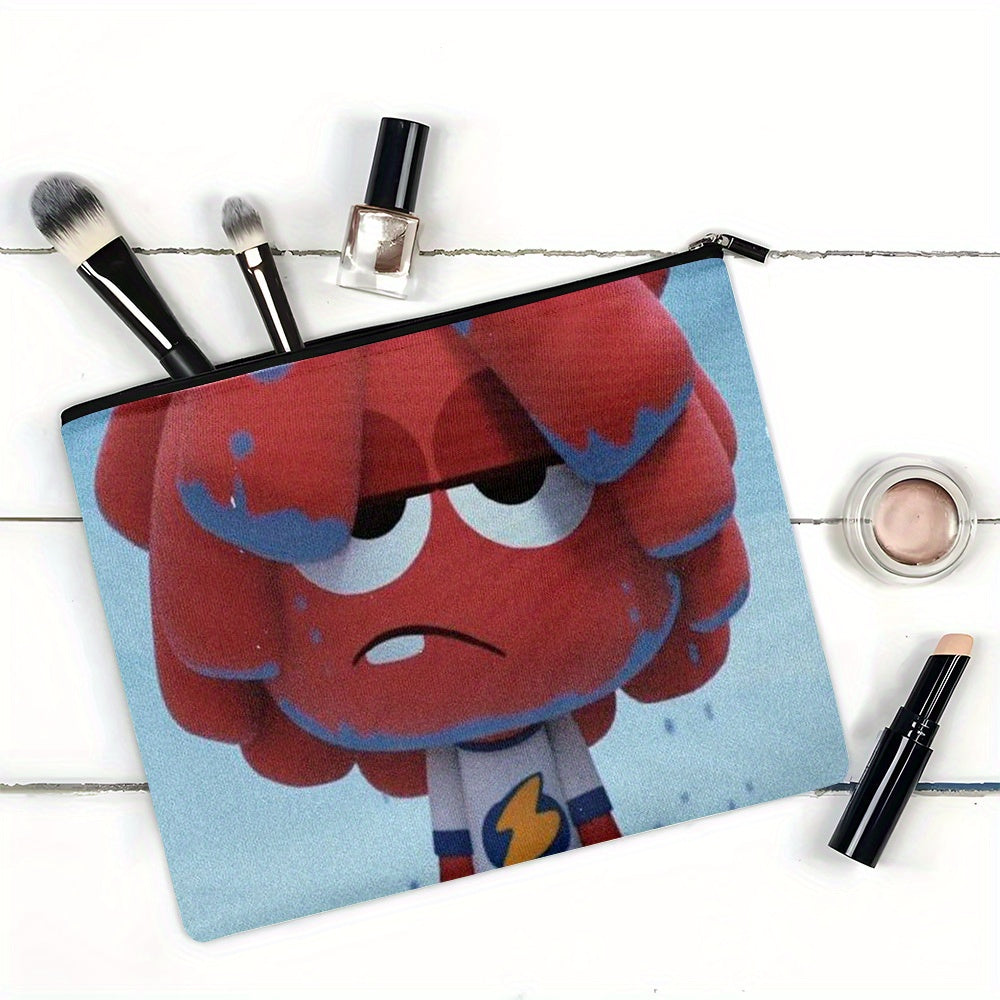 1pc Jelly Jamm Multi-functional Storage Bag - Gender-Neutral Zippered Pouch for Chargers, Accessories & Cosmetics, Durable Linen Material, 21.97 x 15.24 cm, Neon Green with Cartoon Character Design, Travel Bag|Playful Design|