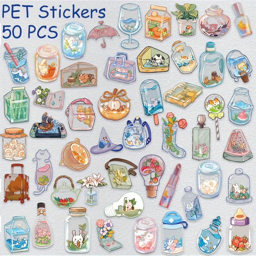 50pcs Transparent Objects Stickers Decals for Laptop Luggage Skateboard Helmet Guitar Cartoon PET Aesthetic Stickers Students Toys Gifts
