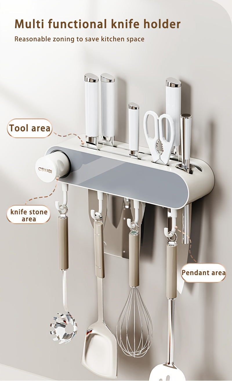 Multifunctional Wall Hanging Knife Holder, Can Hold Multiple Knives, with Integrated Sharpening Stone, Equipped with 4 Hooks, Suitable for Spatulas, Funnel, Kitchen Tools