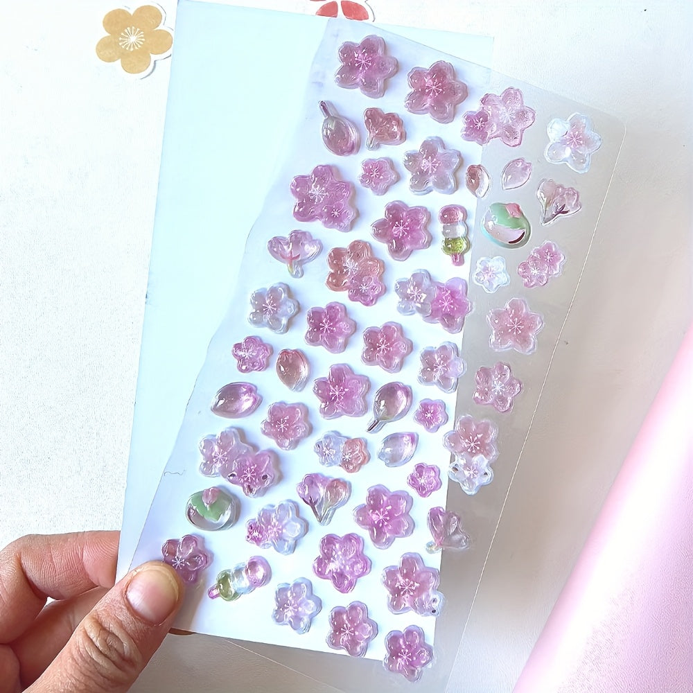 3D Pink Cherry Blossom Embossed Stickers - Waterproof Crystal Floral Decals for Phone Cases, Laptops, Journals, and DIY Crafts, Journal Embellishments | Artistic Stickers | Plastic Construction, Cherry Blossom Wall Stickers