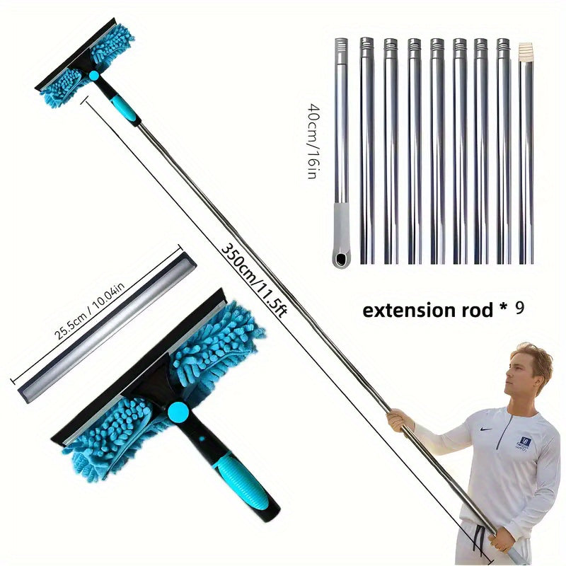 2-in-1 Window Washer & Squeegee - 180° Rotation, Up to 6.1meter Reach, Stainless Steel Handle, Resin Head with Microfiber Cleaning Cloth, Dry & Wet Use, Easy Assembly & Storage, Ideal for High-Rise Glass Cleaning, Window Cle