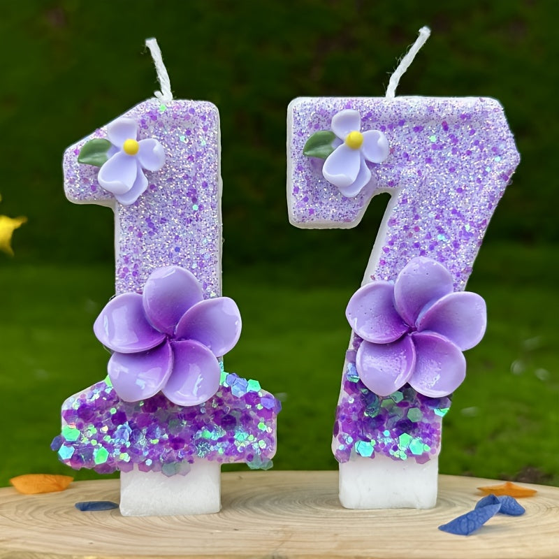 1pc Number Birthday Candle, Purple Glitter with Plumeria & Gardenia Accents, Paraffin Wax No-Feather Cake Topper for Party Decoration