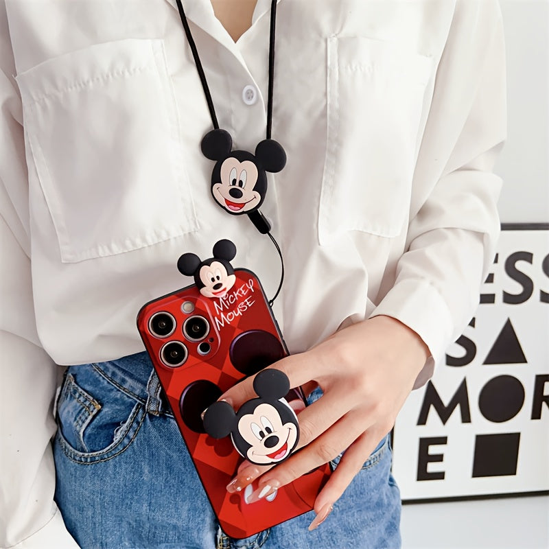Disney Mickey Minnie with Bracket Hanging Rope Mobile Phone Case, Suitable for iPhone 16/15/14/13/12/11/XS/XR/X Plus Pro Max TPU Cartoon Cute Fashion Full Cover Mobile Phone Case, Ideal Gift
