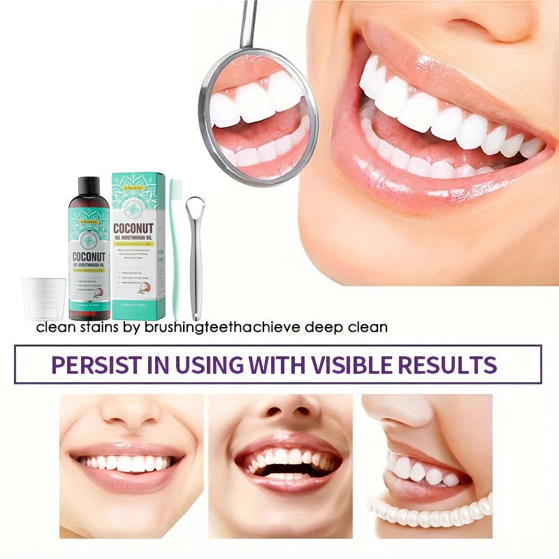 315Ml Concentrated Coconut Oil Mouthwash Set, Deep Cleaning Oral Care with Measuring Cup And Tongue Scraper, Fresh Breath, Daily Use for Oral Care.