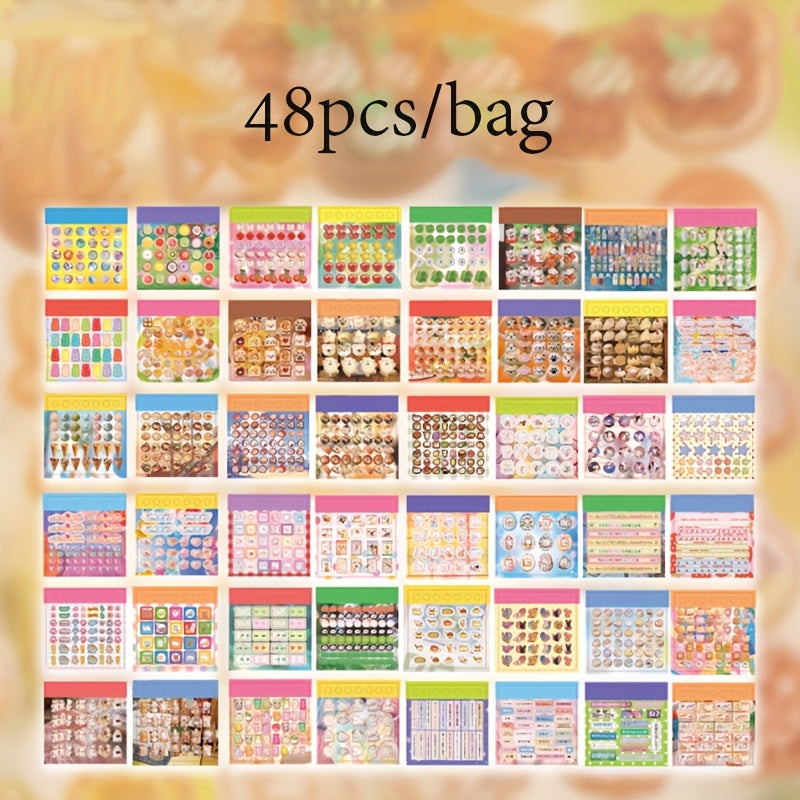 48 Sheets Kawaii Japanese Adhesive Sticker Set, Assorted Cartoon and Food-Themed Decals, Paper Material, for Scrapbooking, Planner, Phone Case, Water Bottle, Album, Diary, Art & Craft, with Creative Journaling Supplies, for I
