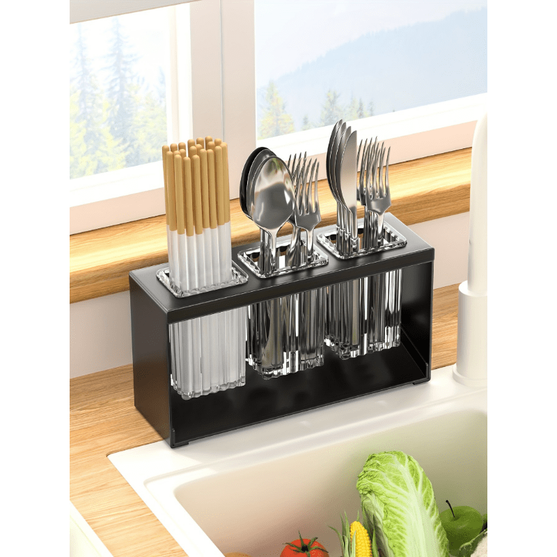 1pc Multifunctional Kitchen Utensil Organizer with Drainboard - Plastic Tableware Storage Holder for Knives, Forks, Spoons, and Chopsticks - Countertop Utensil Rack with Built-in Drainage for Home and Restaurant Use