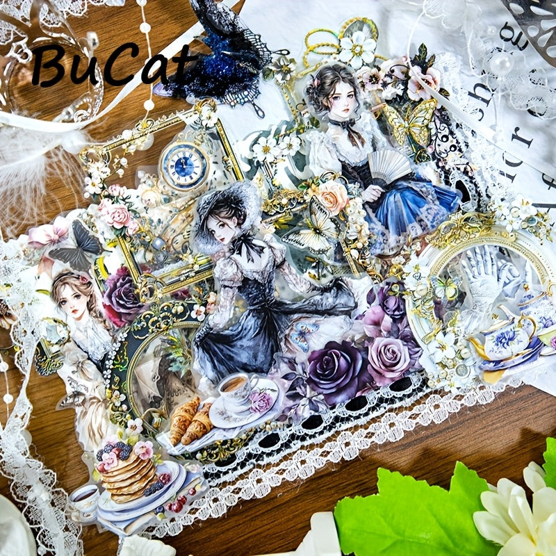 2m Princess Leisure Time PET Washi Tape - Transparent Roll Stickers with Elegant Women in Victorian Dresses, Butterflies, Flowers, and Clocks - Ideal for Scrapbooking, Journaling, and Aesthetic Stationery Decor, Journaling Su