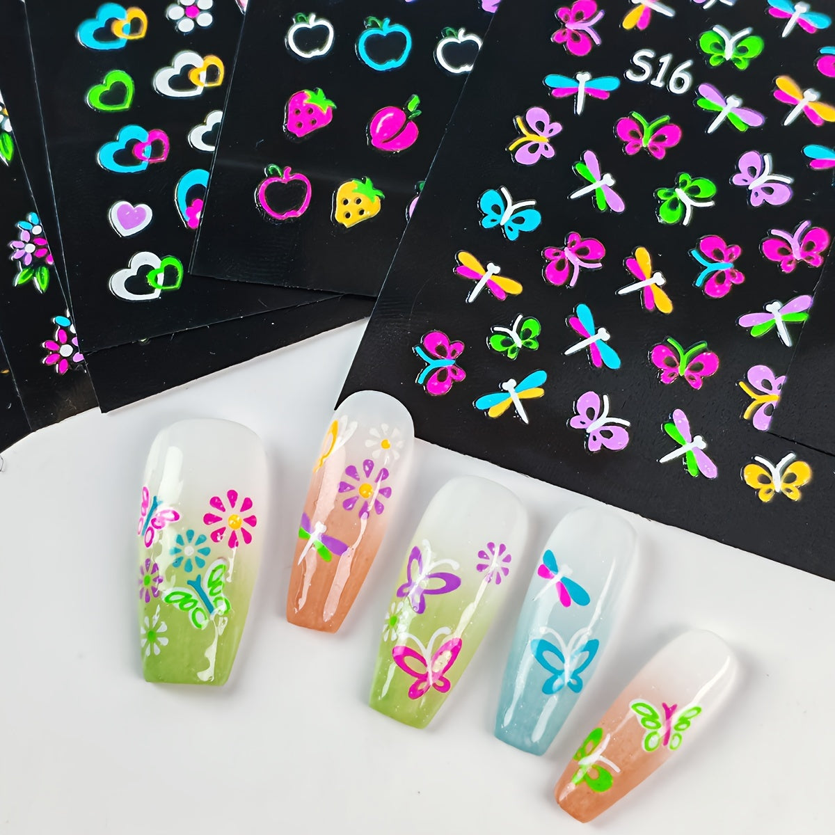 24 Sheets 3D Glow in The Dark Neon Nail Stickers Glittery Glossy Self-Adhesive Nail Art Stickers Butterfly Love Heart Flower Nail Art Decoration for Women Girl DIY Nail Art Deco
