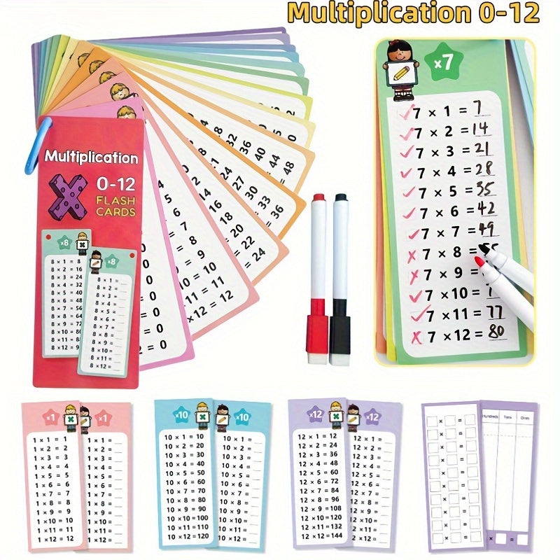 14pcs Multiplication Flash Card Set | Self-Check & Scoring, Includes Storage Ring, Dry Erase Markers | Ideal for Classroom & Home Learning, Perfect Gift for Students