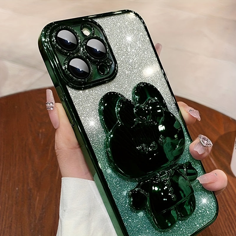 1 deluxe electroplated case for Apple iPhone 15/14/13/12/11Pro max, romantic - Cute bunny phone holder and hidden holder - shockproof ultra-thin protection, Easter - Valentine's Day gift