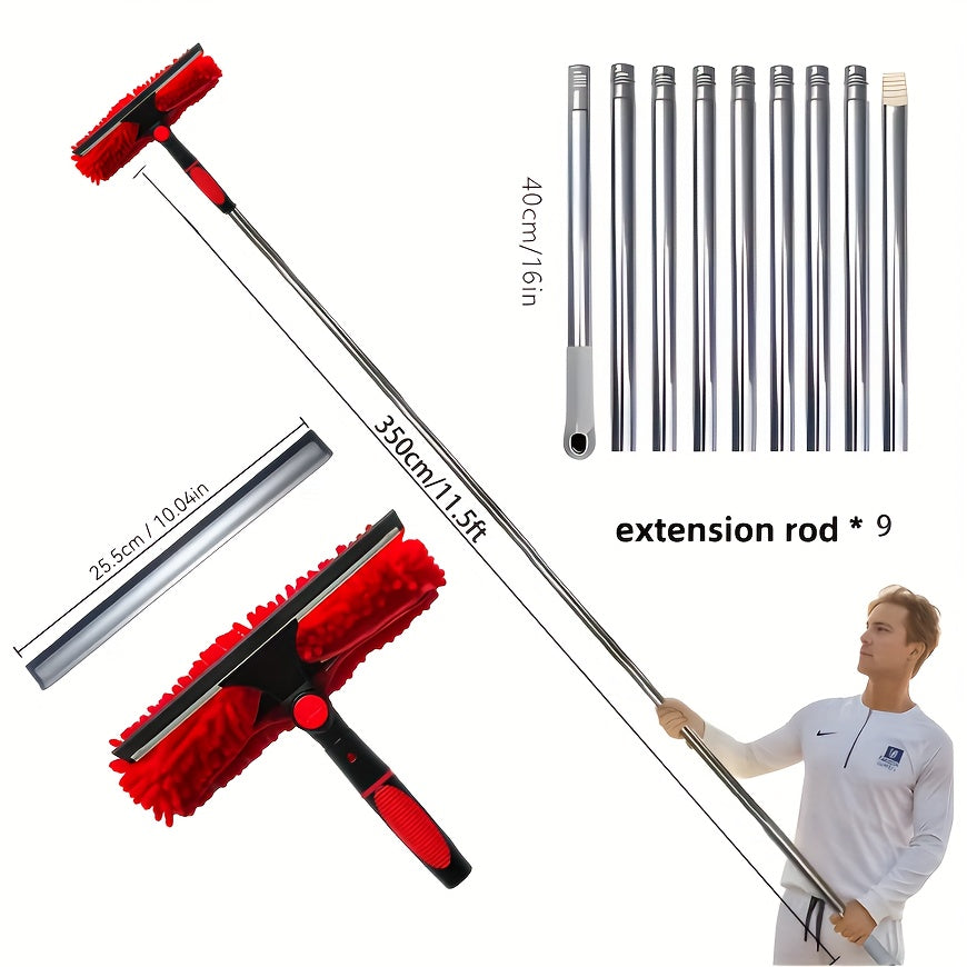 2-in-1 Window Washer & Squeegee - 180° Rotation, Up to 6.1meter Reach, Stainless Steel Handle, Resin Head with Microfiber Cleaning Cloth, Dry & Wet Use, Easy Assembly & Storage, Ideal for High-Rise Glass Cleaning, Window Cle
