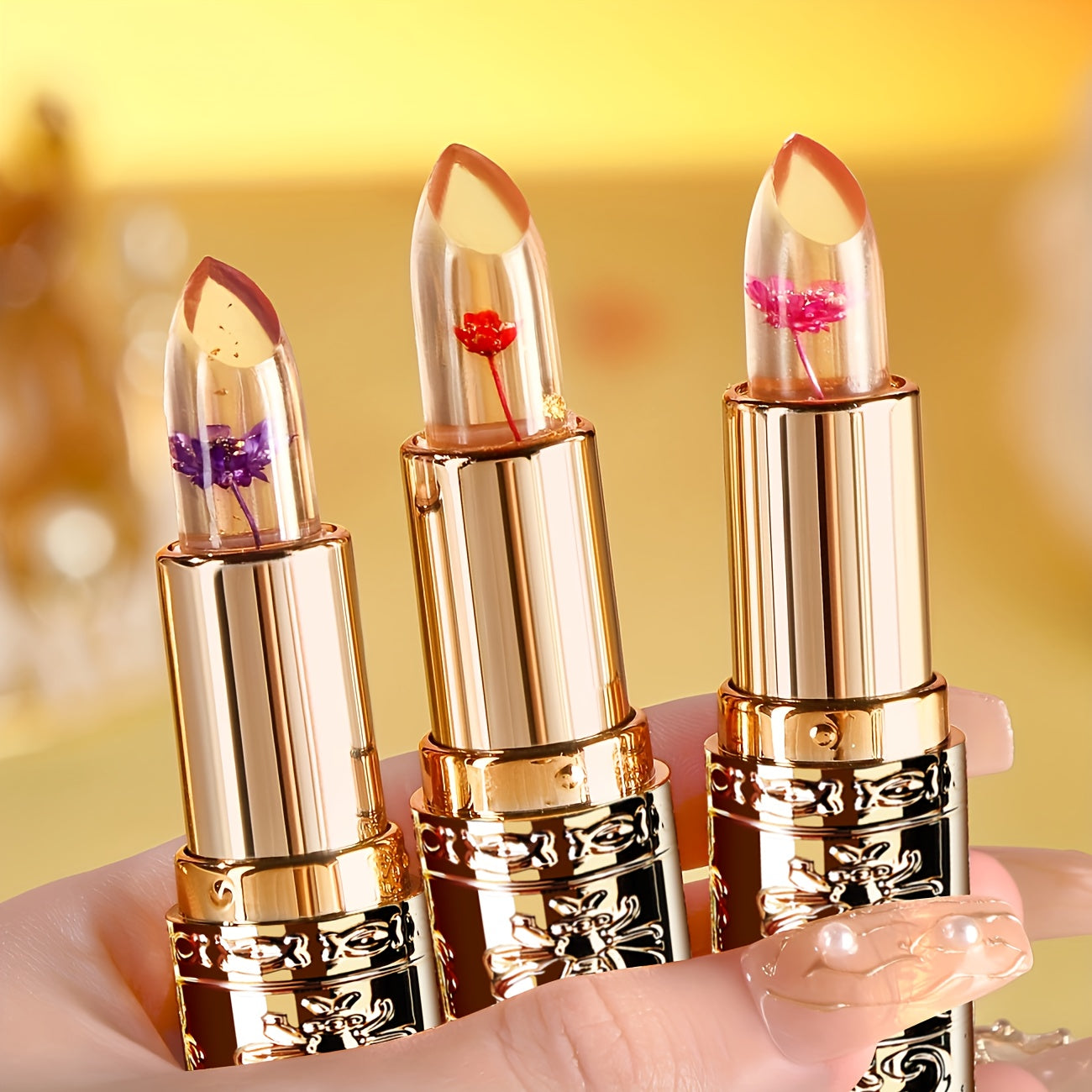 3pcs flower shaped crystal gel lipstick - warm color changing, moisturizing and non mucous membrane, 3 colors, moisturizing and non fading lip gloss