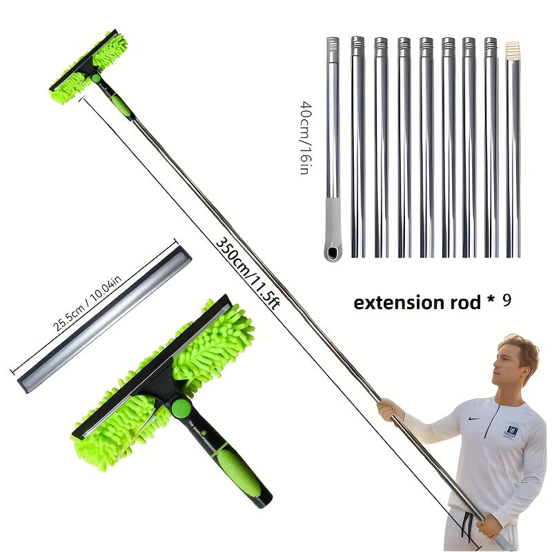 2-in-1 Window Washer & Squeegee - 180° Rotation, Up to 6.1meter Reach, Stainless Steel Handle, Resin Head with Microfiber Cleaning Cloth, Dry & Wet Use, Easy Assembly & Storage, Ideal for High-Rise Glass Cleaning, Window Cle