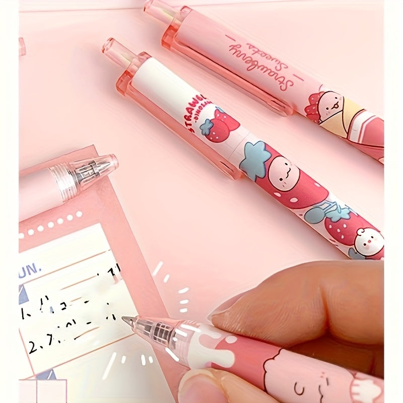 6-Pack Strawberry & Cream Patterned Ballpoint Pens, 0.5mm Fine Tip, Quick-Dry Black Ink | Playful Design with Adorable Strawberry Characters, Smooth Writing for Stationery & Gift Packaging (Random Colors), Strawberry Themed I