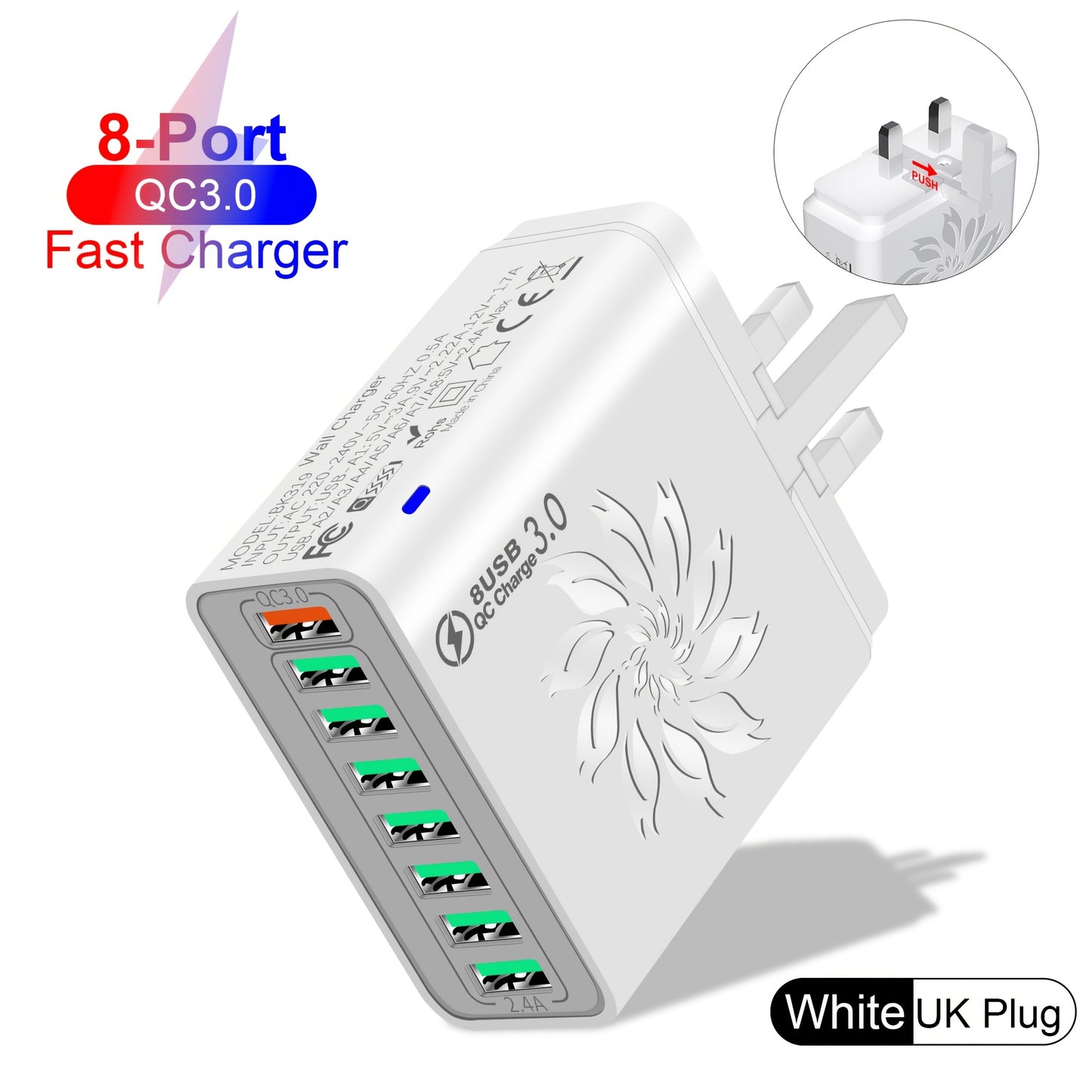 8-Port QC3.0 Fast USB Charger UK Plug