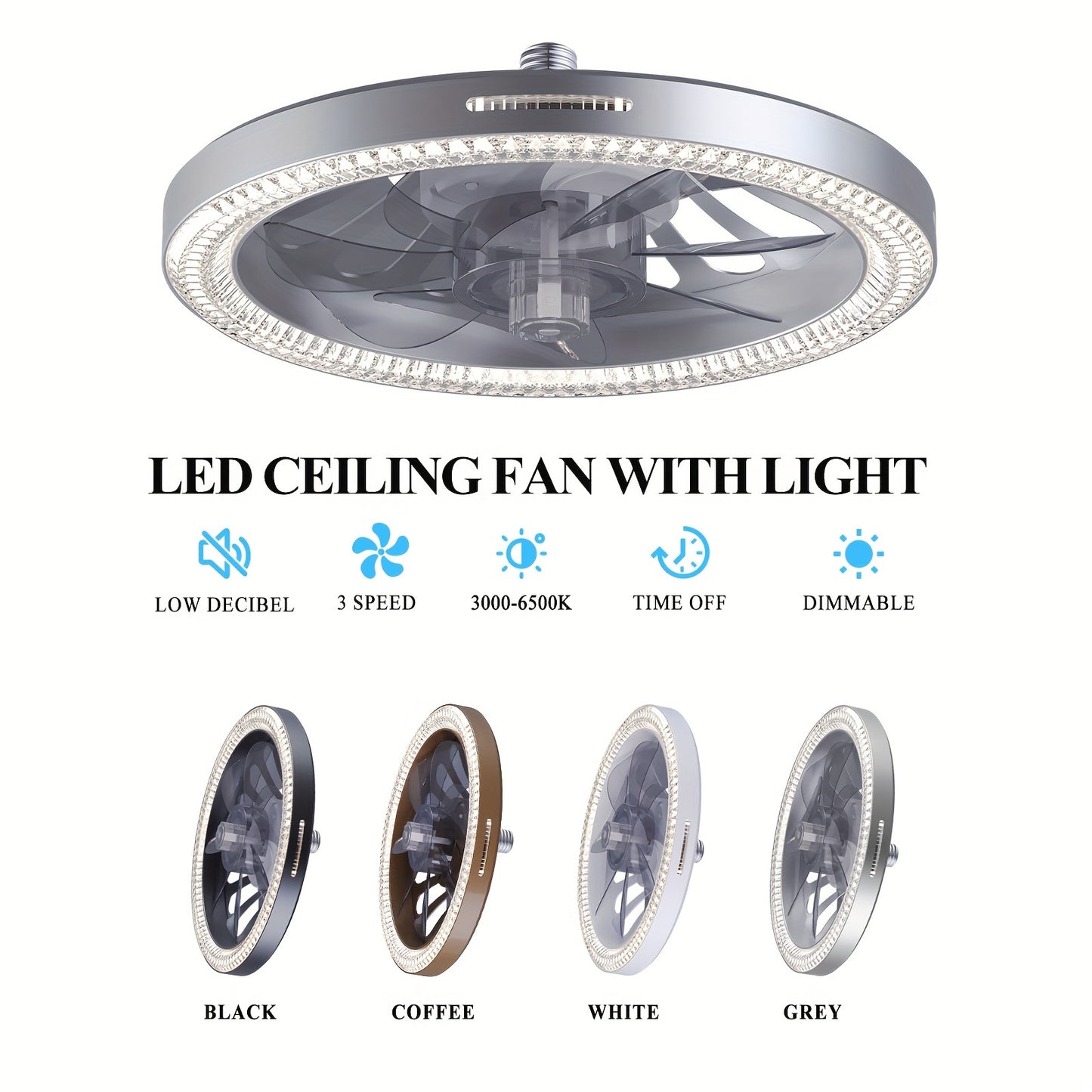 1pc 13" Modern Ceiling Fan With Lights And Remote Control, E26/E27 Base Easy Install Socket Fan Light, 3 Speed Wind Adjustment, 3 Colors 3000-6500k Dimmable Led Light for Bedroom, Kitchen, Living Room, Storage Room, Garage, B