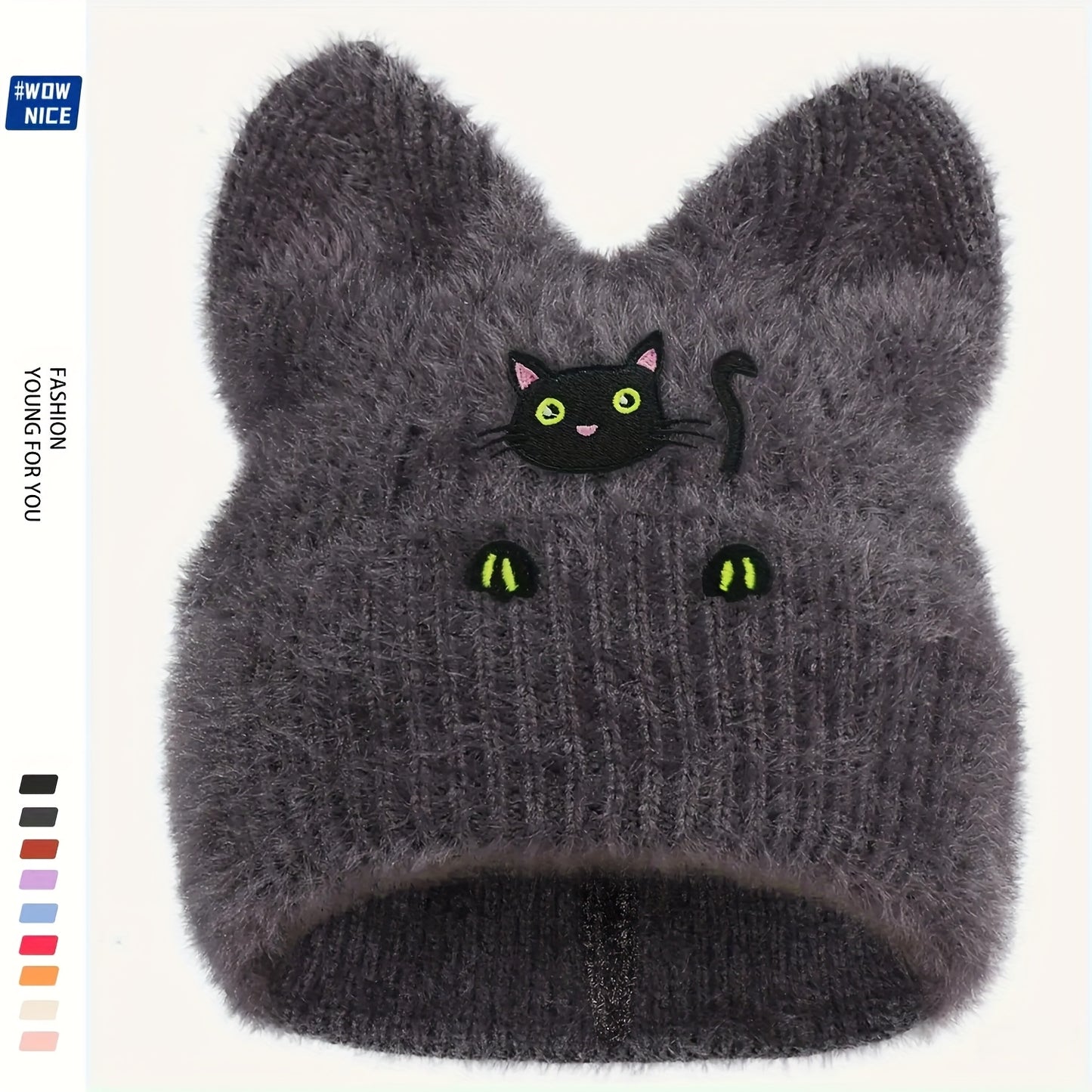 Women's & Men's Black Cat Ear Beanie Hat with Hand