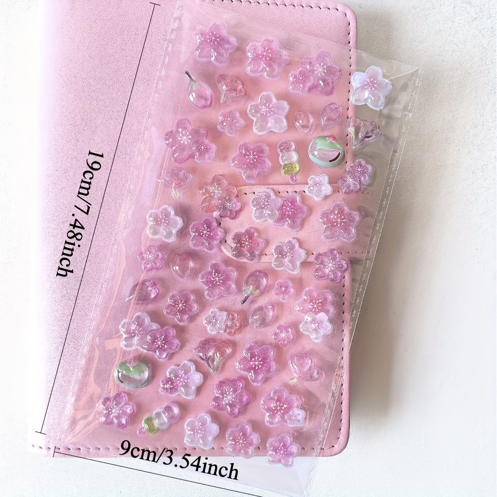 3D Pink Cherry Blossom Embossed Stickers - Waterproof Crystal Floral Decals for Phone Cases, Laptops, Journals, and DIY Crafts, Journal Embellishments | Artistic Stickers | Plastic Construction, Cherry Blossom Wall Stickers