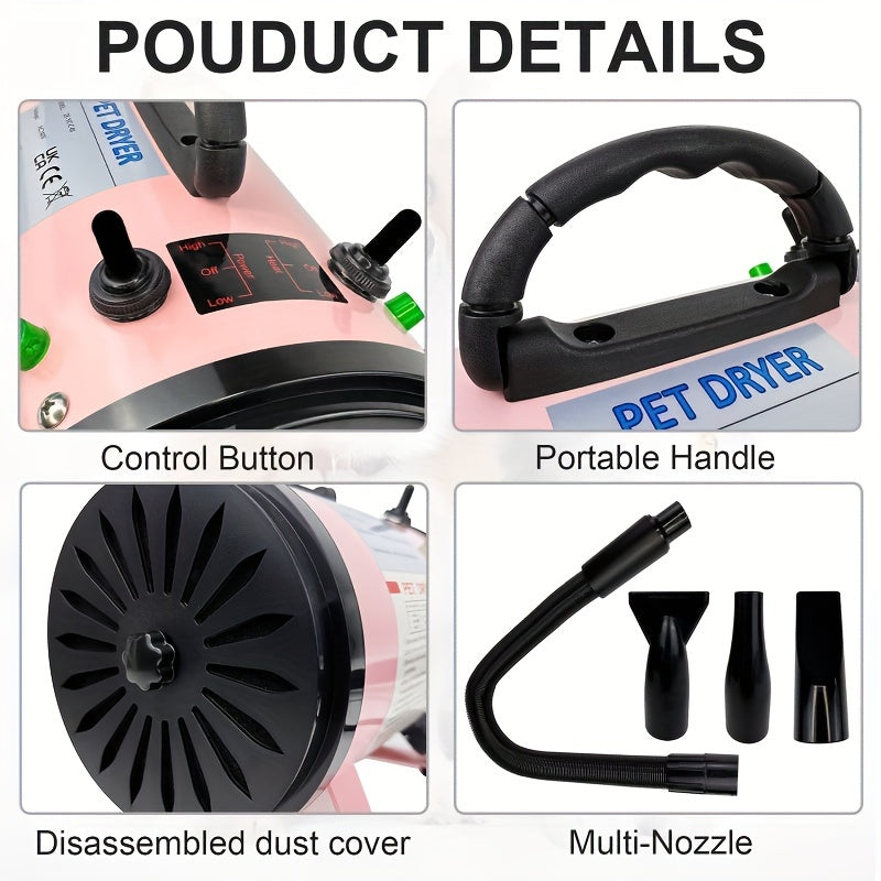 2800W Low Noise Pet Dog Cat Grooming Hair Dryer with 2.5M Hose, 3 Different Nozzles, and Heater