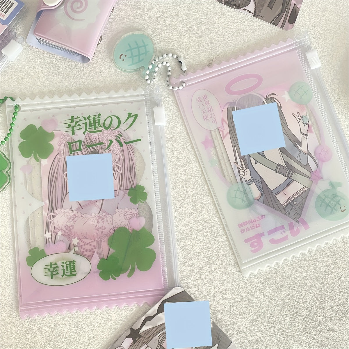 Photo Card Holder - Adorable Four Leaf Clover Sweet Bag 1pc PVC Mini Pouch with Pendant And Bead Chain - Photocard Holder Keychain