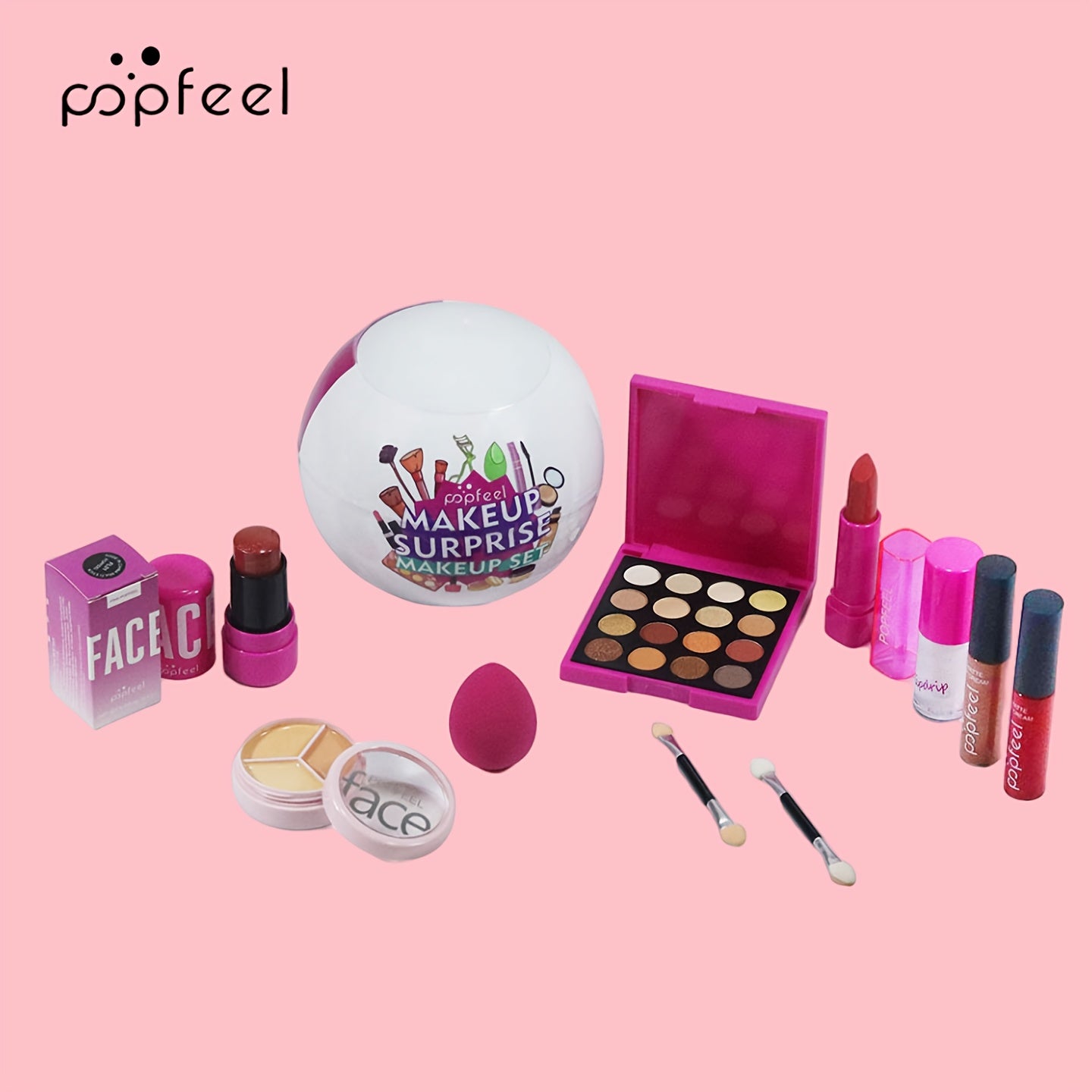 POPFEEL 10pcs Makeup Set, includes blush, eyeshadow, lip gloss, concealer, and more.