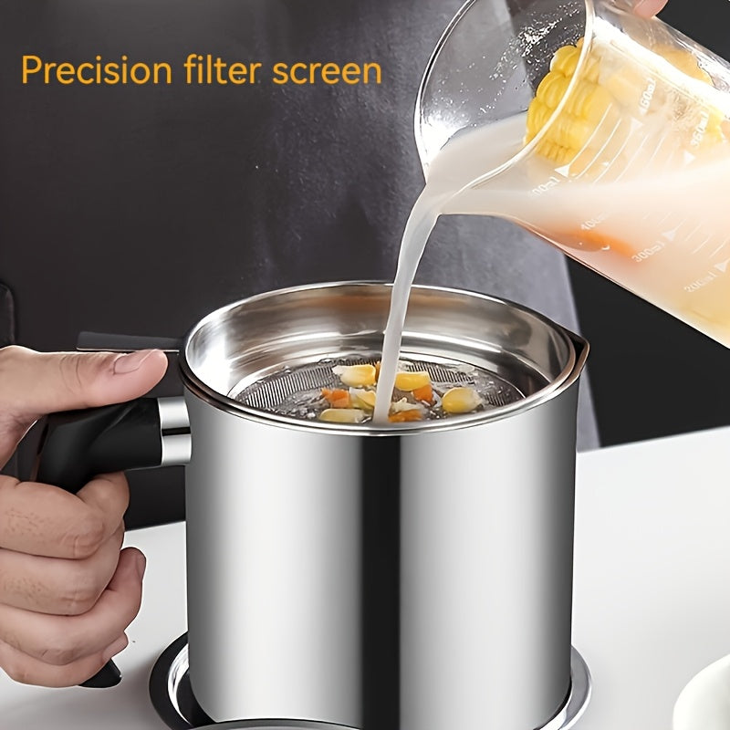 1pc Stainless Steel Kitchen Storage Container with Strainer, 1.8L/60oz - Easy-Grip Handle for Cooking Oil & Grease Separation - Ideal for Home, Hotels, Restaurants