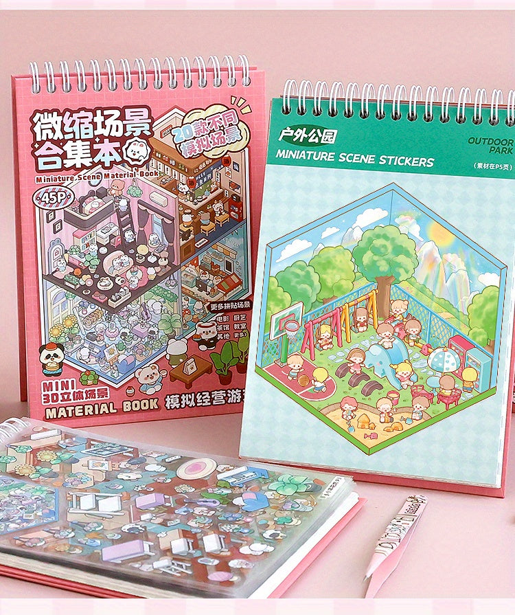 20pcs Scene Cardstock + 25pcs Stickers + 1 Tweezer Micro Scene Combination Book Set, 3D Scene Stickers for DIY Miniature Houses